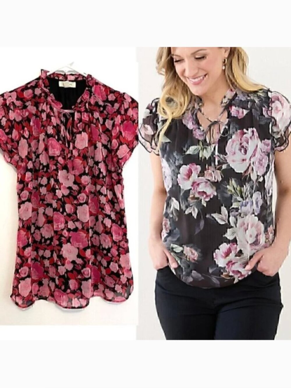 TAMARA H. Short Sleeve Double Ruffle V-Neck Chiffon Blouse Black Pink Red Floral